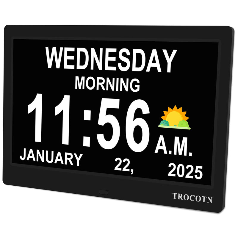 TROCOTN Dementia Clocks, Large Display Calendar Alarm Clock with Auto DST for Seniors, 5 Display Modes Large Font Digital Clock with Custom Alarms Day Date Clocks. (10 Inch Black) 10 inch