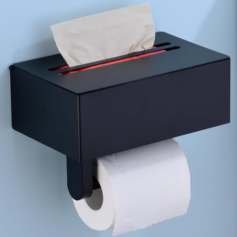 TRUSTMI Toilet Paper Holder with Storage Shelf Phone Standing Tisuse Box Cover Square Bathroom Wet Wipe Facial Organizer Wall Mounted, Matte Black