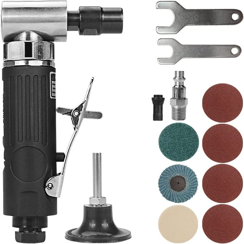 BAIWEN 1/4" Right Angle Air Die Grinder - 90 Degree Heavy Duty 20,000 RPM Compressed Sander Polisher Tool for Contour Grinding, Polishing, Milling, Cutting Black Die Grinder Set