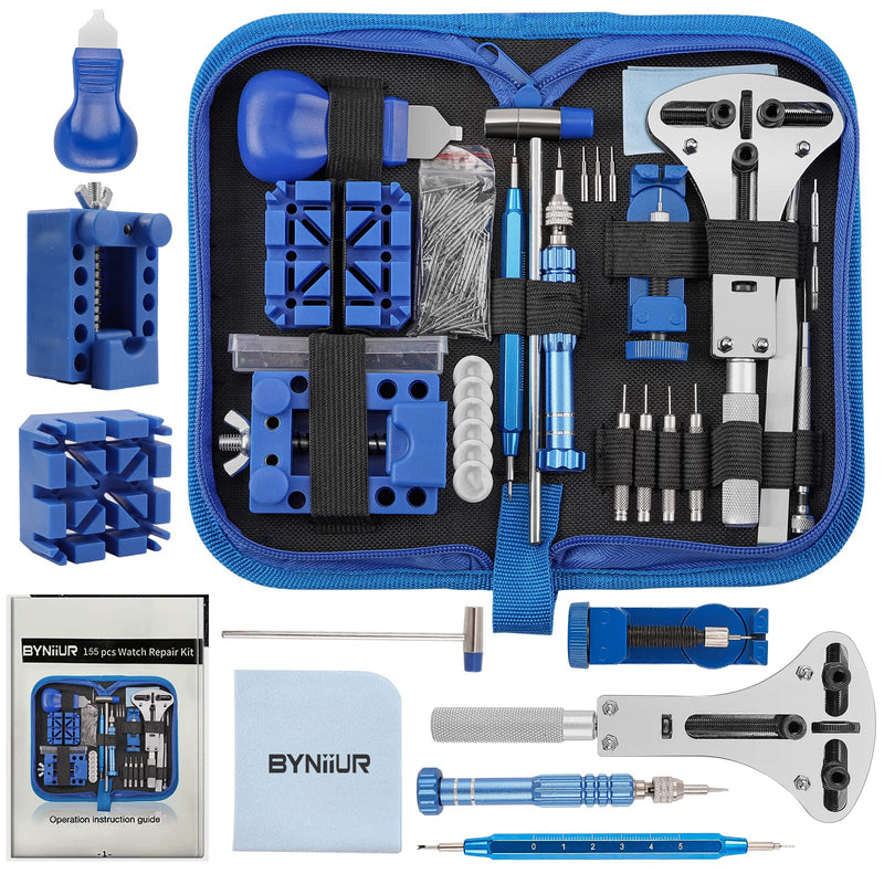Watch Repair Kit, BYNIIUR Watch Battery Replacement Tool Kit, Watch Repair Tools & Kits, Watch Link Removal Tool Kit Watch Band Tool Set with Carrying Case, Watch Case Opener Spring Bar Tools Blue
