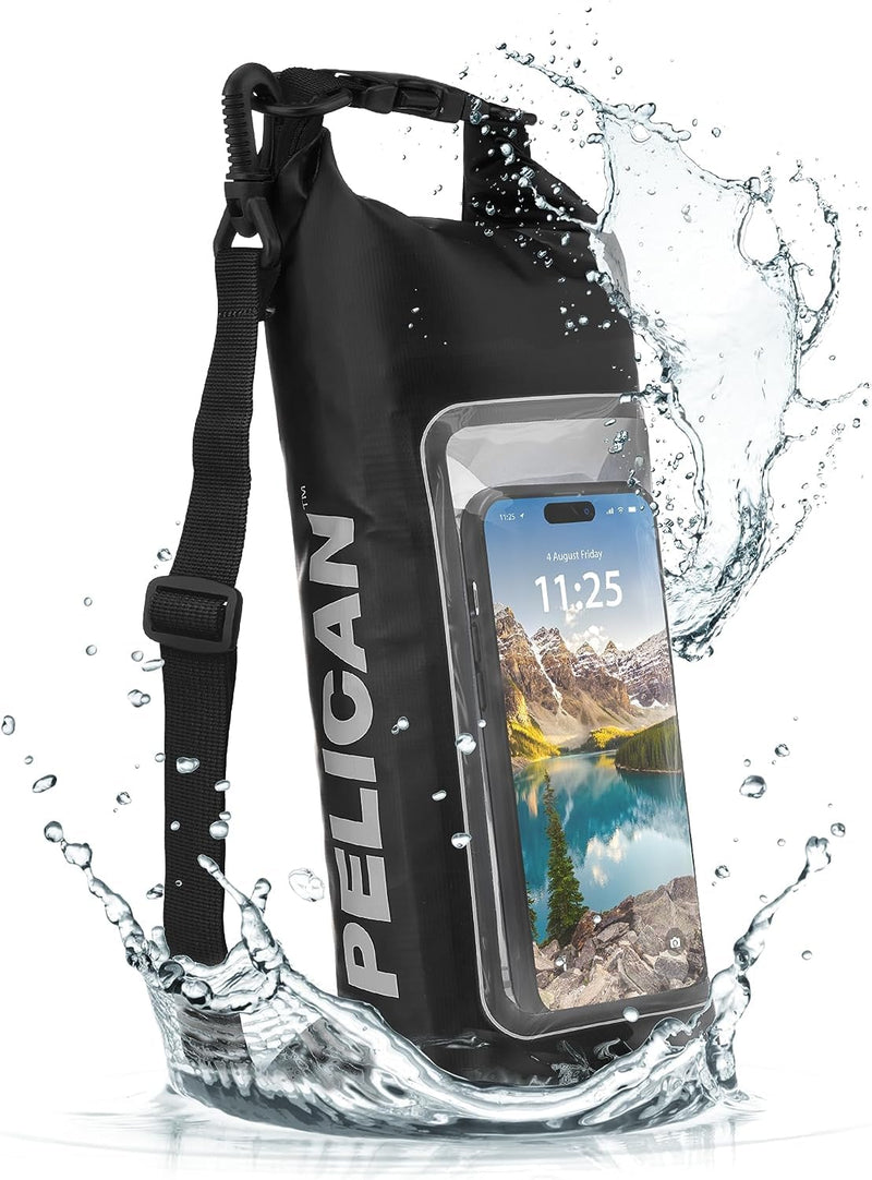 Pelican Marine IP68 Waterproof Dry Bag 2L - Roll Top Waterproof Backpack w/Phone Case/Pouch - Boating & Kayak Accessories - Essentials for Camping Swimming Beach Fishing Rafting Travel - Black Stealth Black - 2L