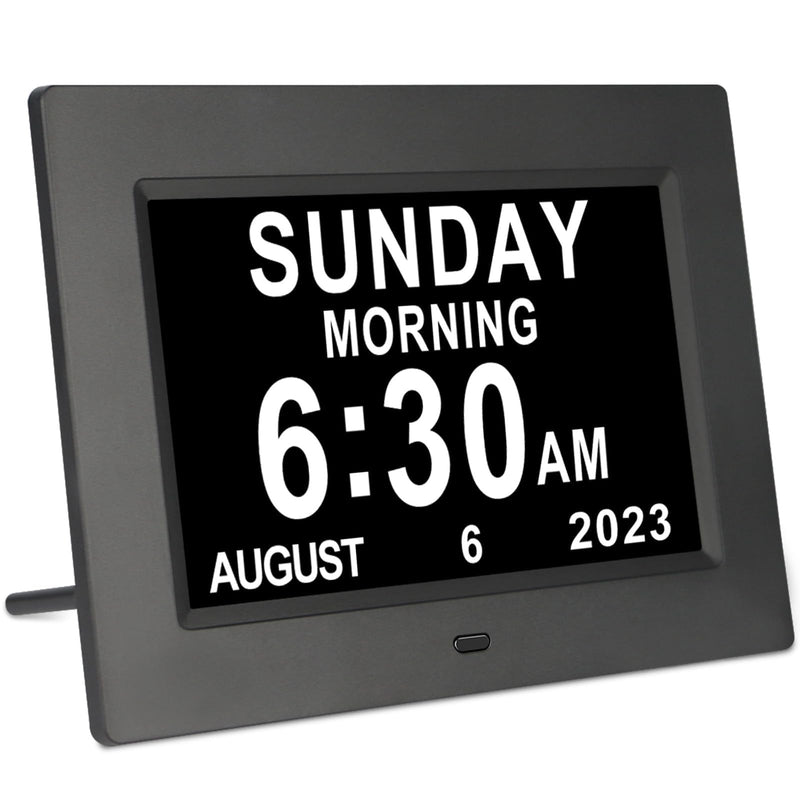 TSITSC 7 Inch Digital Day of The Week Clock Extra Large Non-Abbreviated Dementia Day and Date Time Clocks for Seniors Elderly Impaired Vision Memory Loss 12 Alarm Reminders + Auto-Dimming 7 Inch Black