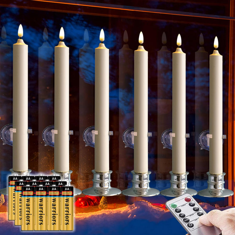 6 Pack LED Windows Candles with 12 AA Batteries(Include,Run More Than 400 Hours) + 6 Silver Removable Candlesticks + 6 Suction Cup,10'' Ivory Flameless Battery Taper Window Candle Light with Remote 6Pack/10''/Silver Candlestick