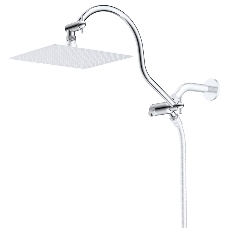 Hibbent All Metal 12 Inch Brass Adjustable Shower Head Extension Arm with Shower Arm Diverter Valve, G 1/2 3-Way Bathroom Universal Shower System Replacement Part, Shower Arm Extender, Chrome