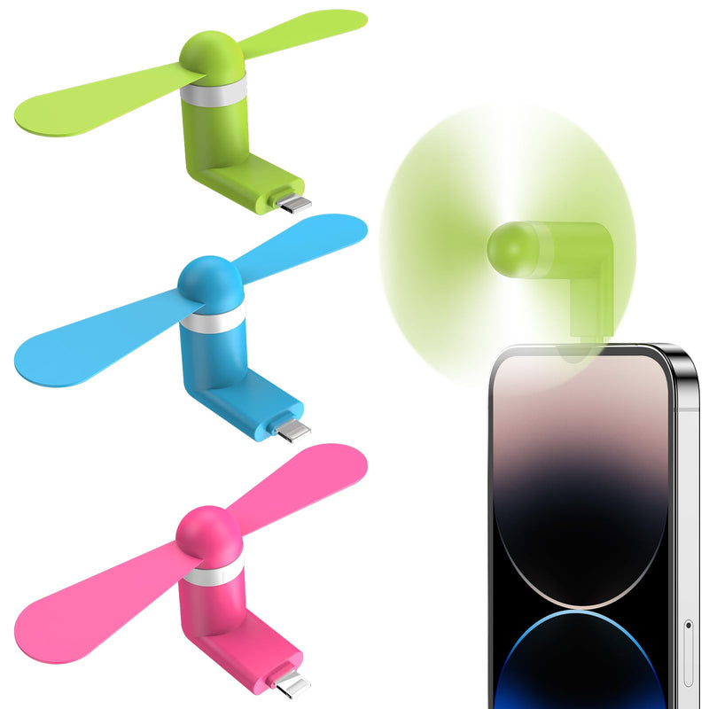 Fan for iPhone, 3 Pack Portable iPhone Fan Cell Phone Fan Compatible for Mini Fan for iPhone 14/14Pro Max/13/13 Pro Max/12/12 Pro Max/11/11 Pro/11 Pro Max/X/Xs/Xr/iPad Green/Blue/Rosy Red