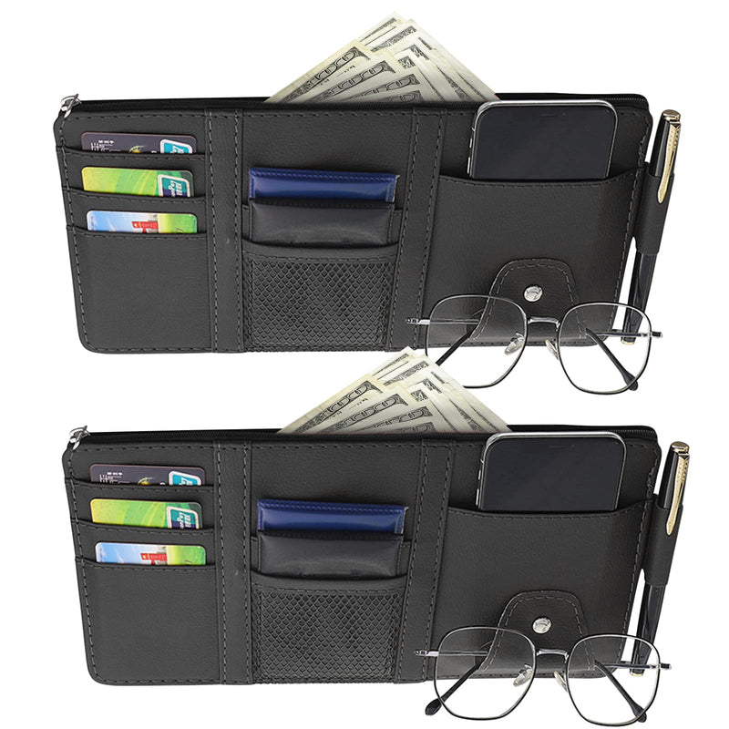 2 Packs Car Sun Visor Pocket Organizer for Car Truck, Car Visor Storage Pouch with Big Zipper Pocket, Card Sleeve Pocket Organizer, Drving License, Insurance, Sunglasses, Pen, Key, Phone, Lipstick 2PCS, Black
