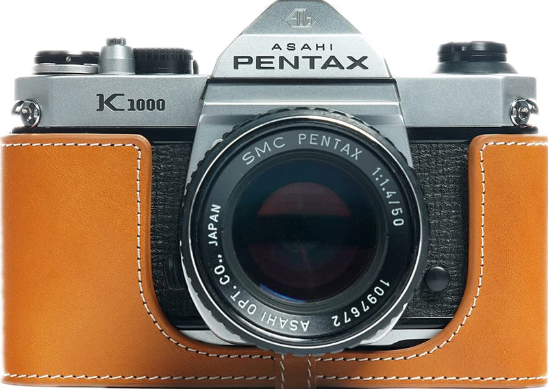 K1000 Case, BolinUS Handmade Genuine Real Leather Half Camera Case Bag Cover for Pentax Asahi K1000 Camera with Hand Strap (Yellow) Yellow