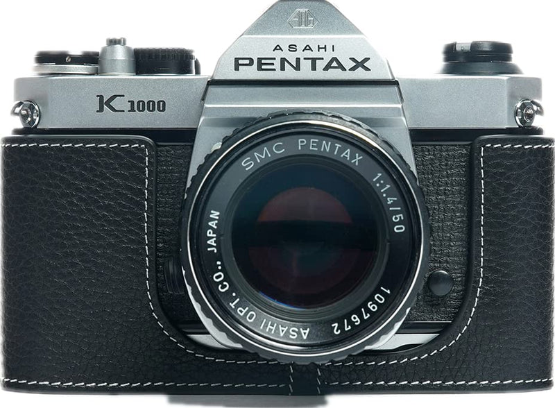 K1000 Case, BolinUS Handmade Genuine Real Leather Half Camera Case Bag Cover for Pentax Asahi K1000 Camera With Hand Strap (Black) Black