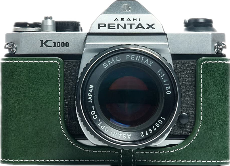 K1000 Case, BolinUS Handmade Genuine Real Leather Half Camera Case Bag Cover for Pentax Asahi K1000 Camera With Hand Strap (Green) Green