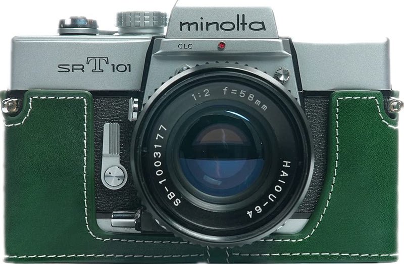 SRT-101 Film Camera Case, BolinUS Handmade Genuine Real Leather Half Camera Case Bag Cover for Minolta SRT 101 Film Camera With Hand Strap (Green) Green
