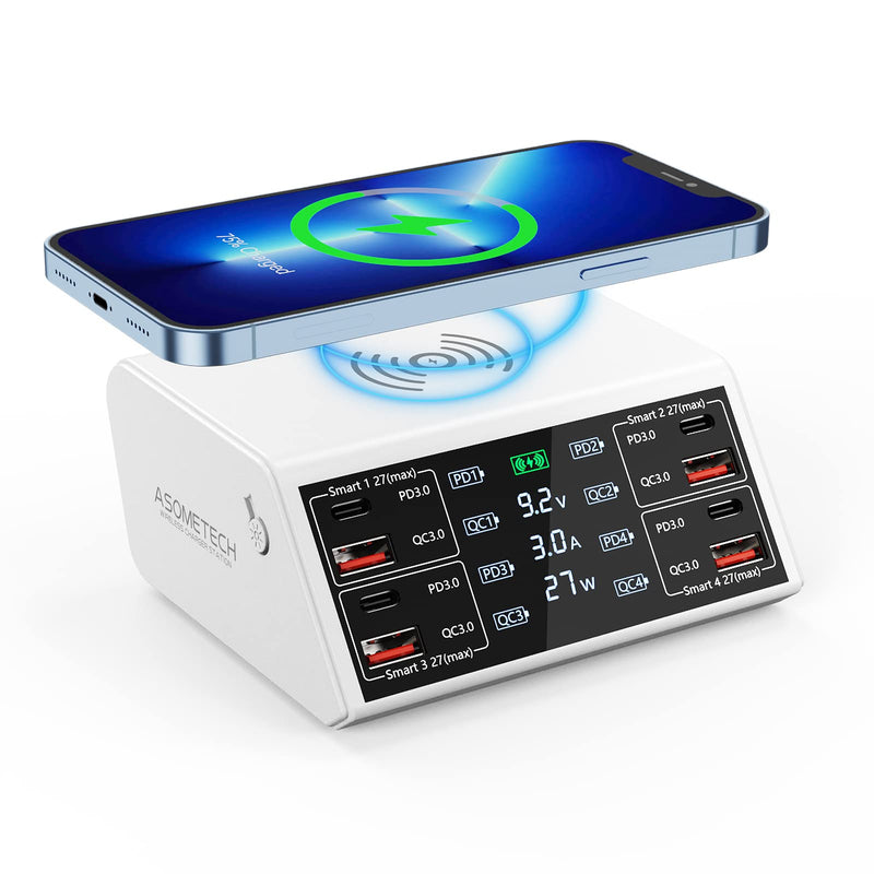 USB Charging Station,100W 8-Port Charging Station for Multiple Devices with 4 QC3.0+4 USB-C PD Ports,Wireless Charger,Multi Fast Charging Hub Charger Station for iPhone,Samsung, iPad White