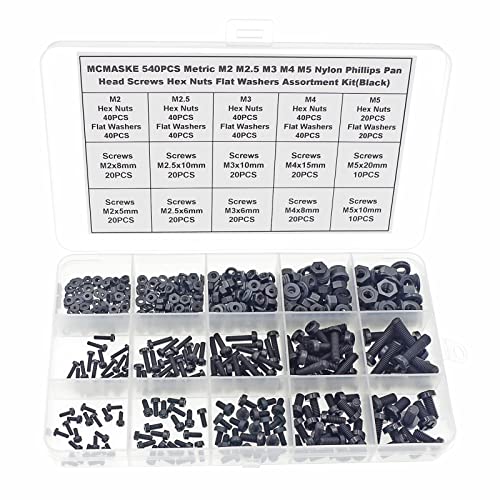 540PCS M2-M5 Black Nylon Phillips Pan Head Screws Nuts Washers Kit M2, M2.5, M3, M4, M5