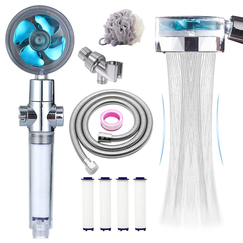 CWPW High Pressure Shower Heads, Handheld Turbo Fan Shower, Hydro Jet Shower Head with 79 Inch Hose,Bracket,Cotton Filters and Bath Loofah, One Key Pause Switch 360 Degrees Rotating (Blue with hose) Blue with hose