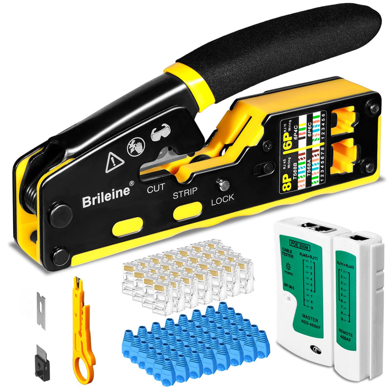 Brileine RJ45 Crimp Tool Pass Through Kit Ethernet Crimper Cat5 Cat5e Cat6 Crimping Tool for RJ11/RJ12 6P/8P with Network Lan Cable Tester, 50PCS Cat6 Connectors, 50PCS Boots, Mini Cable Stripper Crimper Kit-Yellow