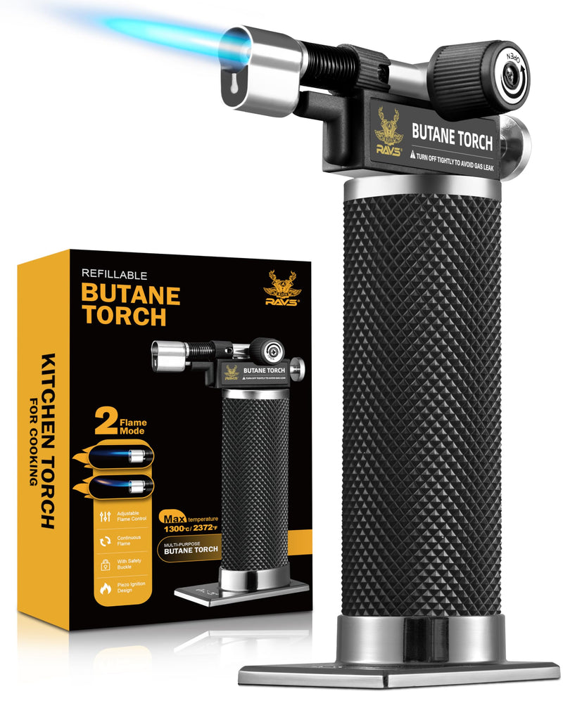 RAVS Butane Torch Lighter, DUAL Flame Mode Kitchen Torch, Refillable Cooking Torch Gun, Creme Brulee Torch Lighter, Blow Torch for Cooking, Welding, Mini Torch Soldering Torch, Butane is Not Included Black