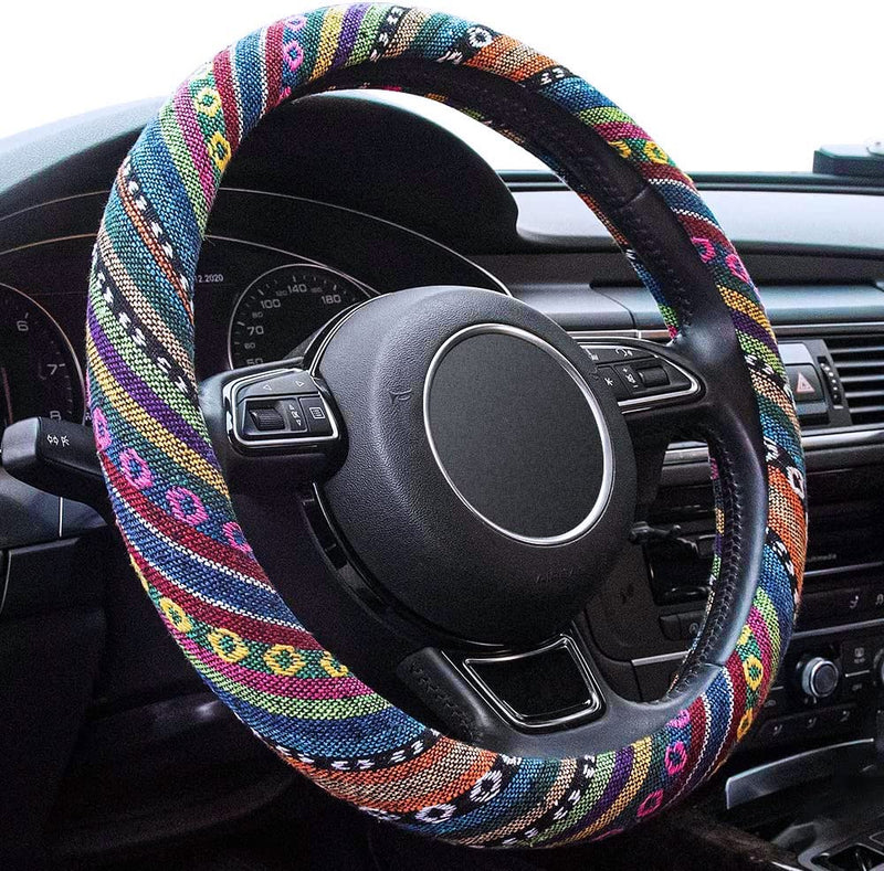 Boho Steering Wheel Cover Elastic Microfiber for Women, Universal Fit 15 inch Car SUV, Hippie Style Protector Cover, Anti-Slip, Breathable, Absorbing Sweat - 01 Colorful
