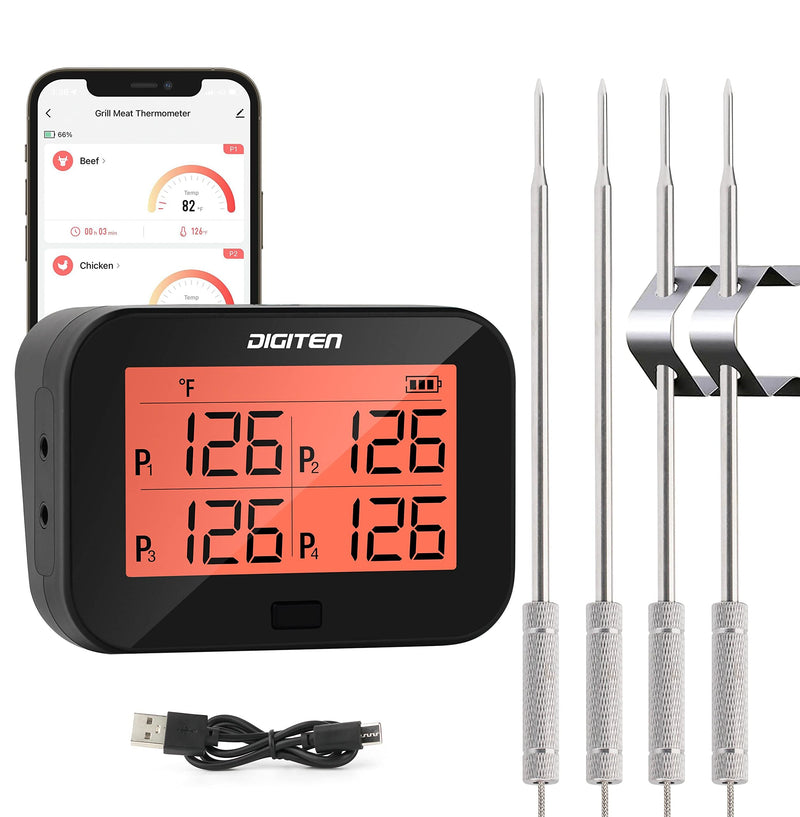 DIGITEN Bluetooth Grilling Thermometer Wireless Meat Thermometer with 4 Probes BBQ Thermometer Smoker Thermometer Instant Read Thermometer Smart Rechargeable Food Thermometer