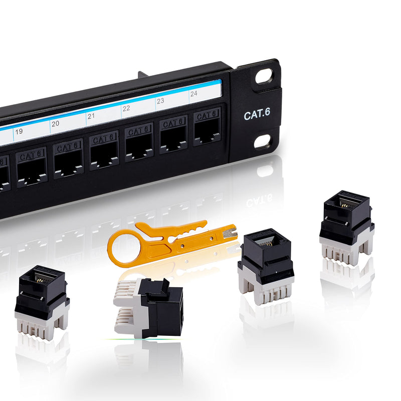 Cat6 Patch Panel 24 Port with Keystone, RJ45 Network Panel 19 Inch, Punch Down Keystone Ethernet Patch Panel with Back Bar Black 24port