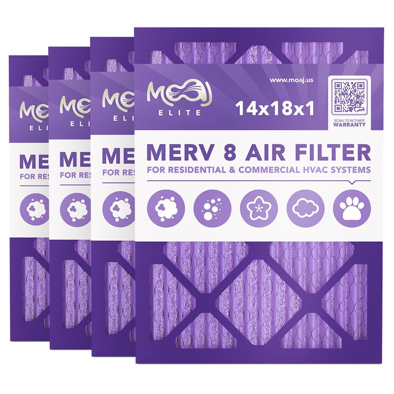 14x18x1 Air Filter (4-PACK) | MERV 8 | MOAJ Elite Dust Defense | BASED IN USA | Quality Pleated Replacement Air Filters for AC & Furnace Applications | Actual Dimensions: 13.70” x 17.70” x 0.75” 14x18x1