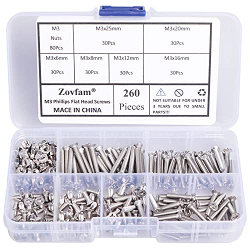 M3 Phillips Flat Head Screws Countersunk Bolts Nuts 304 Stainless Steel Nuts and Bolts Assortment Kit M3 x 6mm/ 8mm/ 12mm/ 16mm/ 20mm/ 25mm Metric Bolt Kit 260Pcs