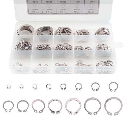 225 PCS Metric 304 Stainless Steel External Snap Ring, 15 Sizes Retaining Circlip Ring Assortment Kit (8mm-25mm)