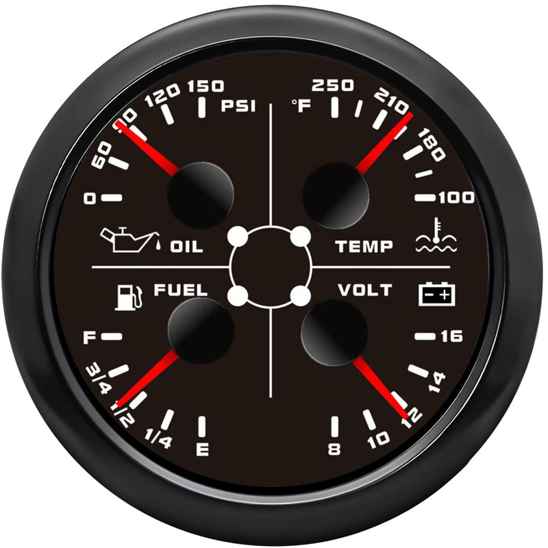 ARTILAURA AUTO Gauge 4in1 Multifunction Meter- Oil Pressure/Water Temp/Fuel Level/Voltmeter 85mm 3 3/8" Automotive Boat Gauge for Car Marine(Black) All Black 4in1 Gauge