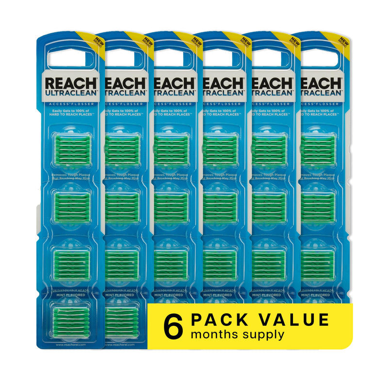 REACH Ultraclean Access Flosser Refill Heads, Mint, Plaque Remover for Teeth, Shred Resistant, for Hard to Reach Areas, Oral Care, PFAS Free, for Adults & Kids, 6 Pack, 28 Count 28 Count (Pack of 6)