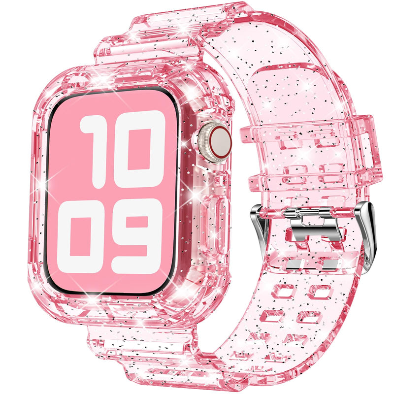 DABAOZA Compatible for Clear Apple Watch Band 41mm 40mm 38mm 42mm 44m 45mm 49mm with Case, Women Glitter Bling Sport Strap for iWatch Band Ultra 2/1 Series 9 8 7 6/SE 5 4 3 2 1 Glitter Clear Pink 41mm/40mm/38mm