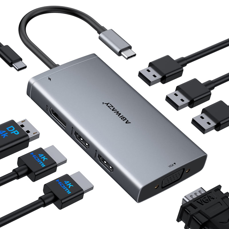 USB C Docking Station Dual Monitor Computer Multiple Monitor Hub Adapter | Laptop Docking Station to Dual 4K HDMI,DisplayPort,VGA, 00W PD,3 USB for HP Dell Lenovo Thinkpad Surface Windows Laptops Grey 8-IN-1