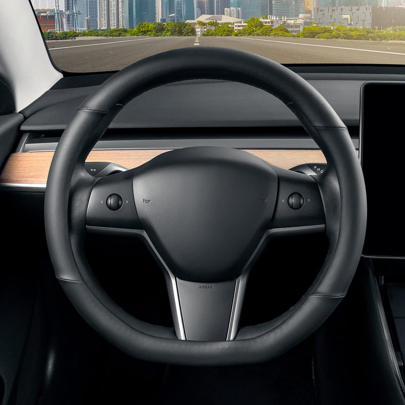 SEG Direct Flat Bottom Steering Wheel Cover, D Shaped Car Wheel Cover 14-14 1/4 in. (35.5-36 cm), for Tesla Model 3 / Y, for Camaro, Black Microfiber Leather Small size[14''-14 1/4'']