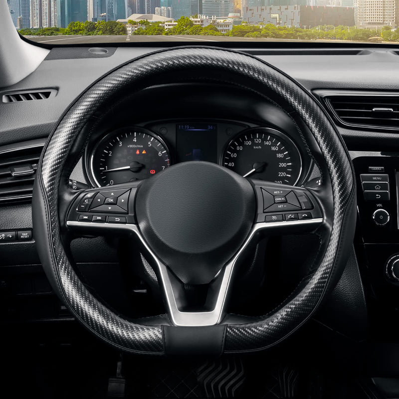 SEG Direct Flat Bottom Steering Wheel Cover Carbon Fiber, D Shaped Car Wheel Cover 14 1/2-15 in. (37-39 cm), Black Microfiber Leather with Carbon Fiber Pattern 2. Black with Carbon Fiber Standard size[14 1/2''-15'']