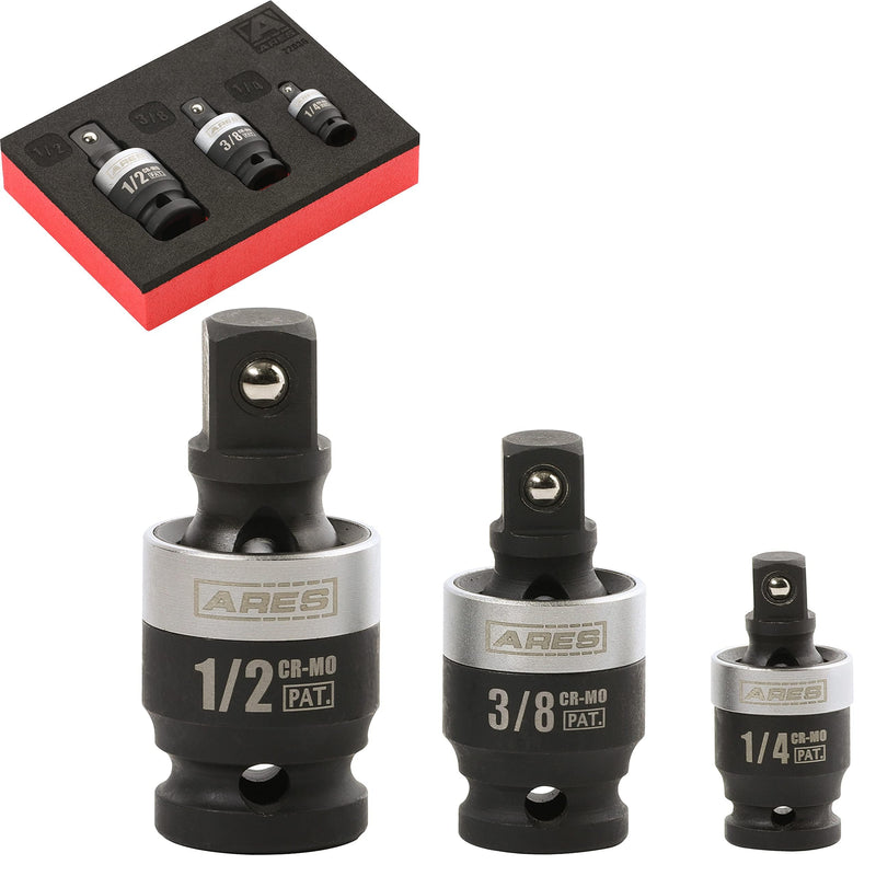 ARES 22036-3-Piece Slim Profile Impact Universal Joint Set - 1/4-Inch, 3/8-Inch and 1/2-Inch Drive Chrome Moly Steel Impact Grade U-Joint Sockets – Slim Body Profile for Superior Access 3-Piece Set Slim Impact Universal Joint