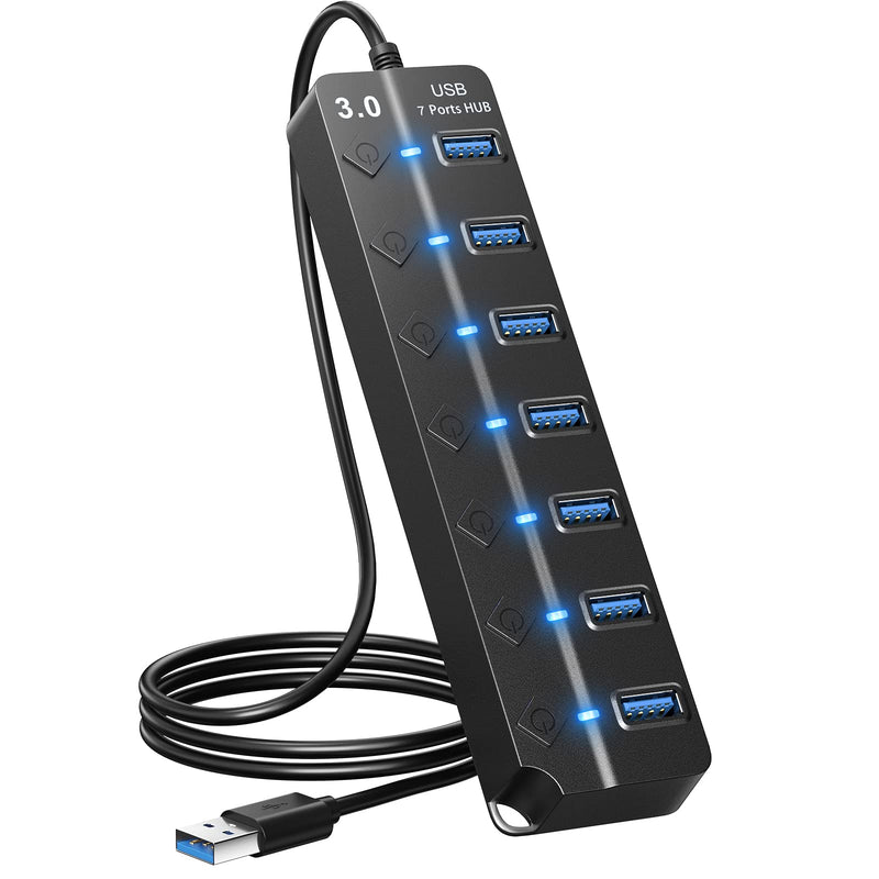 USB Hub 3.0, 7-Port USB Hub Splitter with Individual On/Off Switches and Lights, 3.2ft/1m Long Cable Compatible with MacBook, Laptop, Surface Pro, PS4, PC, Flash Drive, Mobile HDD Black