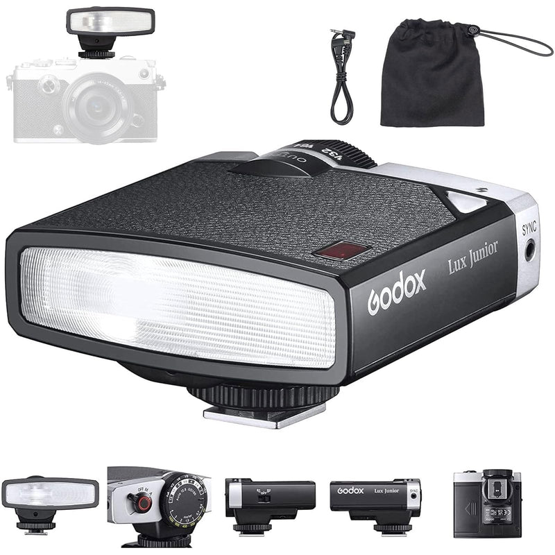 Godox Lux Junior Retro Camera Flash with Diffuser, Speedlite GN12 6000K±200K CCT, Automatic and Manual Modes 1/1-1/64 Flash Power, 28mm Focal Length for Canon Nikon Sony Fuji Olympus Hot Shoe Cameras Grey