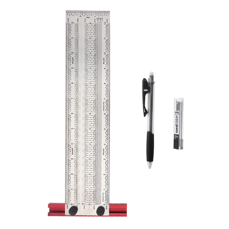 12 Inch T-Rule, Precision Marking T Rule, Woodworking T Square Ruler, Stainless Steel Hole Positioning Scribing Tool, Carpenter Measuring T-Square, with Pencil & 0.5mm Pencil Refill