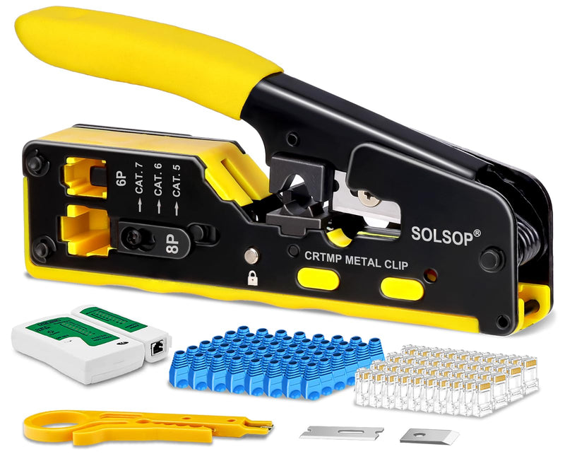 Solsop Pass Through RJ45 Crimp Tool Kit All-in-One Ethernet Crimper Cat7 Cat6 Cat5 Crimping Tool with Network Cable Tester, 50-Pack Cat6 RJ45 Pass Through Connector, 50-Pack Connector Boots RJ45 Crimper Set Yellow-A