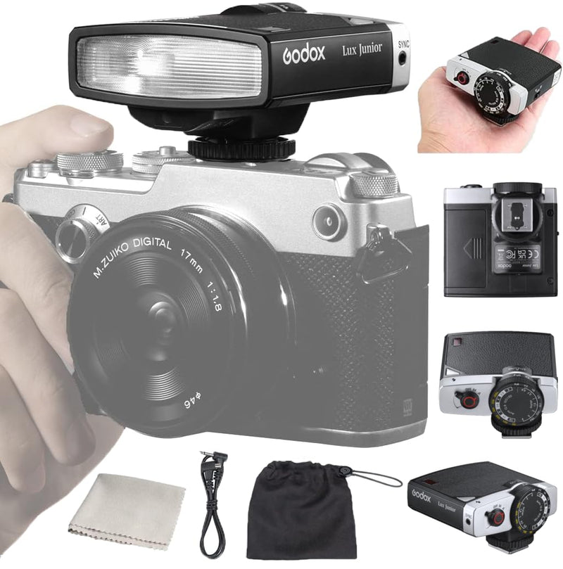 GODOX Lux Junior Retro Camera Flash Auto/Manual Mode GN12 6000K Color Temperature Compatible with Canon Nikon Sony Fuji Olympus Hot-Shoe Cameras