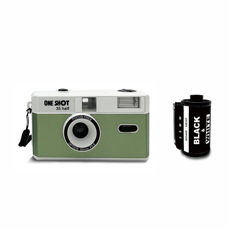 1 Shot Point and Shoot 35mm Film Camera Reusable Retro Half Frame Camera, Built in Flash, Included One Roll ASA/ISO 400 Black & White Film 18 Exp., (36 Shots) Battery Not Included (Green Color) Green