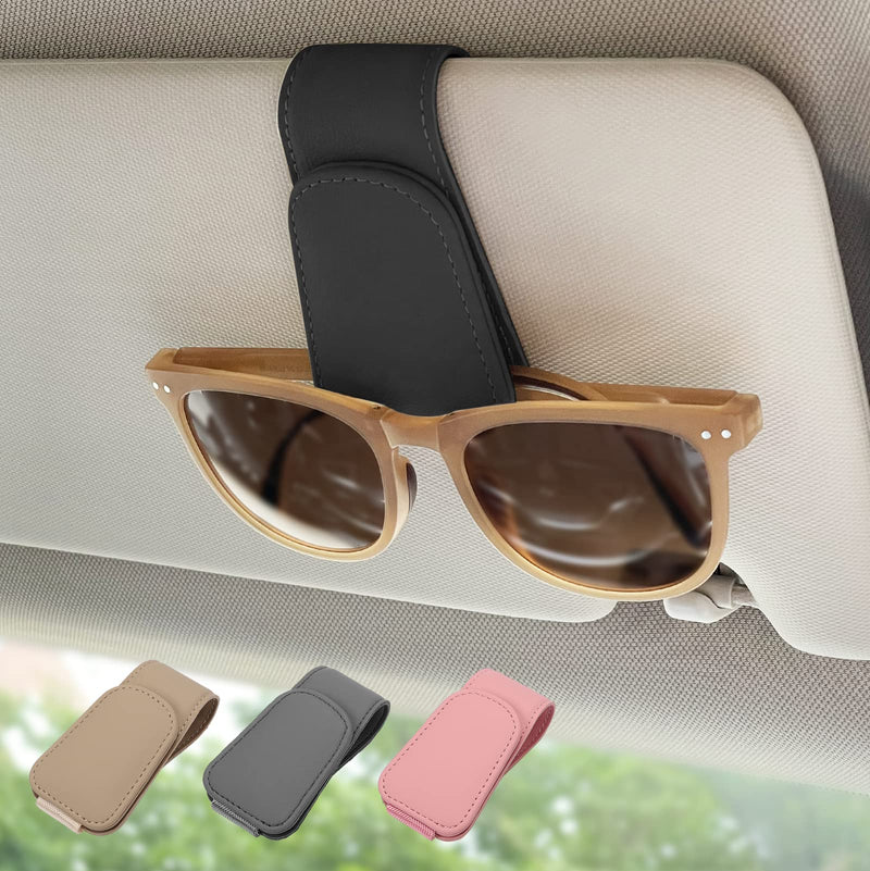 Magnetic Leather Sunglass Holder, Eyeglass Hanger Clip for Car Sun Visor, Suitable for Different Size Eyeglasses(Black, 1 Pack) Black