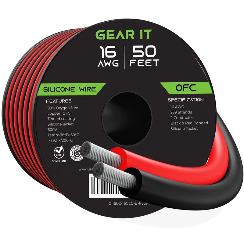GEARit 16 Gauge High Temp Bonded Silicone Wire 50 ft Black/Red 2 Conductor, 16 AWG Tinned OFC Copper Flexible Stranded Hookup Wire, 600V for LED Strip, 3D Printer, Drone, Low Voltage DC BlackRed Bonded - 50 Feet