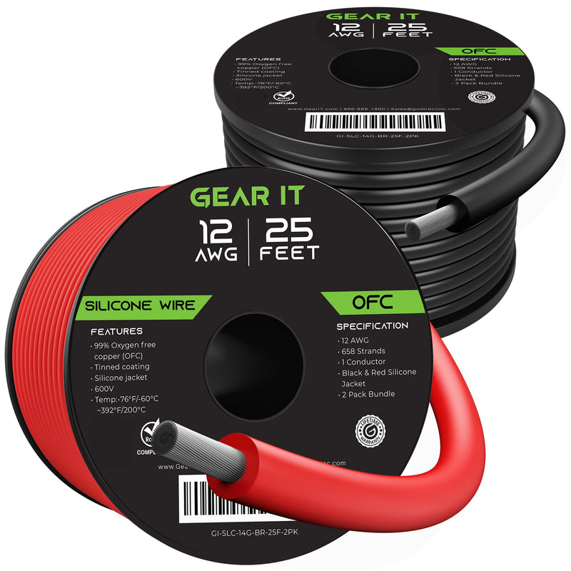 GEARit 12 Gauge High Temp Silicone Wire 25 ft Each Red & Black, 12 AWG Tinned OFC Copper Flexible Stranded Hookup Wire, 600V for RC Battery Leads, ESC, LiPo, Low Voltage DC BlackRed 25 Feet