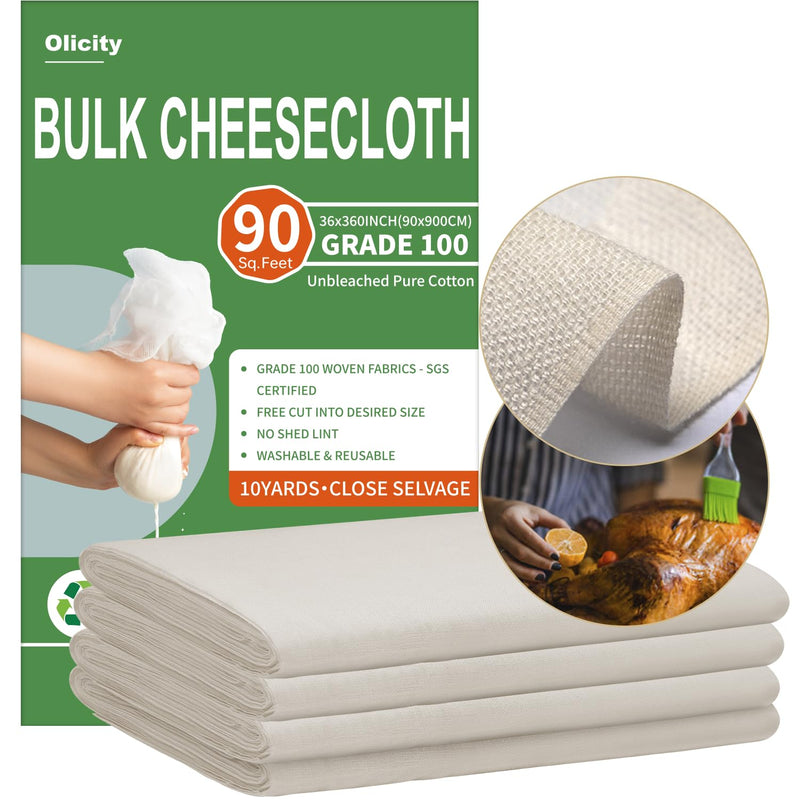 Olicity Cheese Cloth Roll,Grade 100,3x30Ft, 90 Sq Feet, Reusable Cheese Cloths with Closed Edges Fabric Fine Mesh Cloth, Unbleached Cotton Muslin Bulk Cheesecloth Roll for Straining, Crafts - 10 Yards Grade 100 - 10 Yards