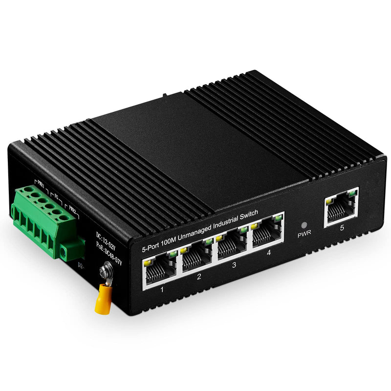 5 Port Industrial Ethernet Switch, 4 Ports and 1 Uplink 10/100Mbps, Fanless Din Rail and Wall Mount, IP40 Aluminum Alloy -40~75°C(-40~185°F), with One Power Supply 5 Port 100Mbps