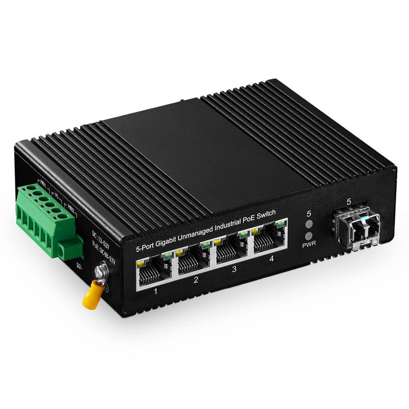 5 Port Gigabit PoE Industrial Switch, IEEE802.3af/at Ethernet, 1 SFP Port with 20km LC Module, IP40 Aluminum Alloy -40~75°C(-40~185°F), Din Rail and Wall Mount Kit, with 60W Power Supply 5 Port Gigabit PoE