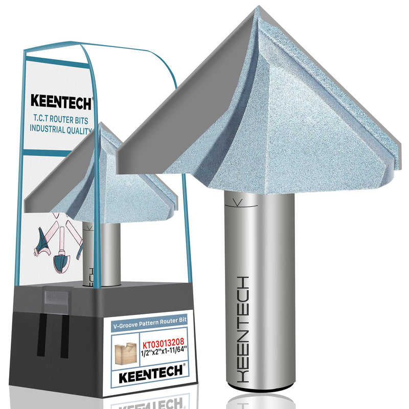 KEENTECH 90 Degree V Groove Router Bit for Woodworking with 1/2" Shank, Industrial Grade Carbide, 2" Diameter x 1-11/64" Cutting Depth, with Storage Case 1/2"(Shank)*2"(Dia.)*1-11/64"(Depth)