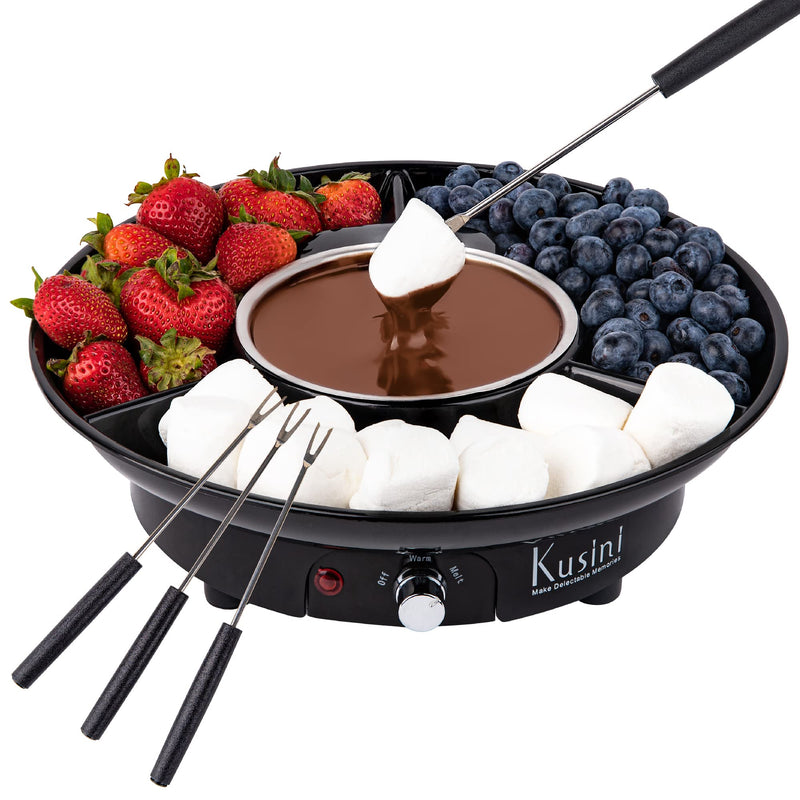 Kusini Electric Fondue Pot Set - Chocolate Fondue Kit - Temperature Control, Detachable Serving Trays, & 4 Roasting Forks - Gift Set & Date Night Idea. Serve at Movie Night or Game Night. Black