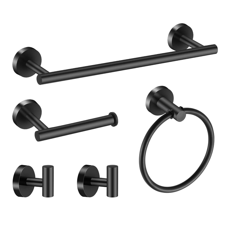 Towel Bar Set Mattel Black, Bathroom Accessories Set 5pcs Including 16'' Tower Bar, Towel Ring and 2 PCS Towel Hooks Black-5pcs-16inch