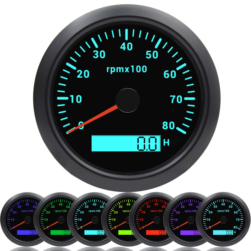KAOLALI Tachometer Gauge Waterproof 85mm 3-3/8" Tachometer Automotive Replacement Tachometers 0-8000 RPM Tacometro Meter for Car Auto Boat Truck 9-32V 7 Colors Backlit 8000RPM-Black
