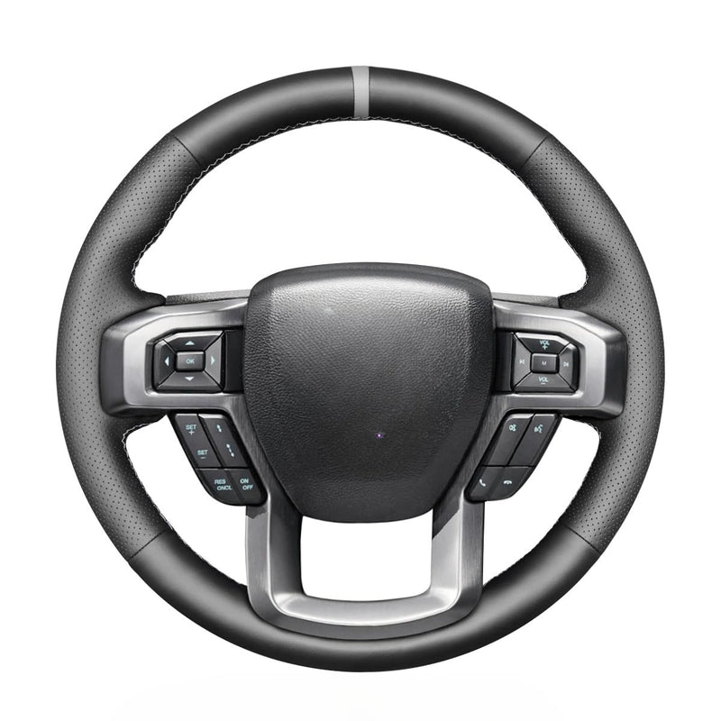 MEWANT Hand Stitch Black Faux Leather Steering Wheel Cover for Ford F-150 F-250 F-350 F-450 F-550 F-600 F-650 F-750 Black Faux Leather&Grey Stripe&Grey Stitching