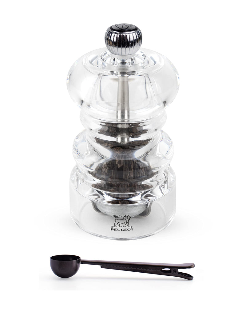 Peugeot - Nancy Acrylic Manual Pepper Mill - Transparent Adjustable Grinder Gift Set- With Stainless Steel Spice Scoop/Bag Clip, 3.5 Inch